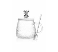 SUBLIX Glass Mug with Lid and Spoon, Cute Bear Design Clear Coffee Cup for Hot Chocolate, Milk, Tea and Cocoa, Gift Mug for Kids and Moms