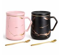 SUBLIX Marble Effect Coffee Mug Set with Lid & Gold Spoon - Black & White Ceramic Cups, 350ml, Luxury Tea Mug Gift Set for Couples (2, Black and Pink)