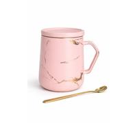 SUBLIX Marble Effect Coffee Mug Set with Lid & Gold Spoon - Black & White Ceramic Cups, 350ml, Luxury Tea Mug Gift Set for Couples (1, Pink)