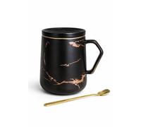 SUBLIX Marble Effect Coffee Mug Set with Lid & Gold Spoon - Black & White Ceramic Cups, 350ml, Luxury Tea Mug Gift Set for Couples (1, Black)