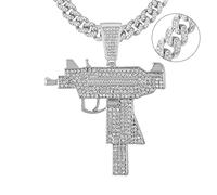 Submachine Gun Fashion Cuba chain Pendant Men Iced Out Crystal Gold/Silver Colour Charm Necklace Hip Hop Jewelry Cuban Necklace-Silver 13MM Chain,24inch