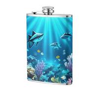 Submarine Coral Rays 8oz Leather Hip Flask - Stainless Steel Whiskey Flask for Drinks, Pocket Liquor Set for Men Wedding Groomsman