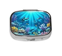 Submarine Coral Rays Square Pill Box with Full Print Design - Portable Metal Travel Case for Vitamins & Medication, 2.2x1.6x0.7 Inch.
