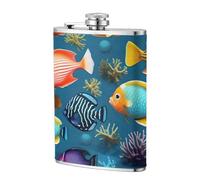 Submarine Reef Fish 8oz Leather Hip Flask - Stainless Steel Whiskey Flask for Drinks, Pocket Liquor Set for Men Wedding Groomsman