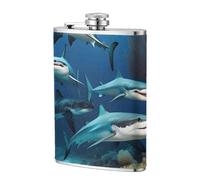 Submarine Shark Coral 8oz Leather Hip Flask - Stainless Steel Whiskey Flask for Drinks, Pocket Liquor Set for Men Wedding Groomsman