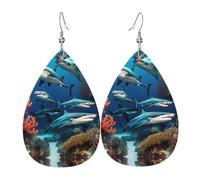 Submarine shark coral double-sided printed leather earrings int and shape of water drops, creative, light and novel, bright and vivid colors.