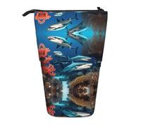 Submarine Shark Coral Expandable Stand Pencil Pouch, Multi-Design Oxford Fabric, Adjustable Height, Multi-Use Cosmetic Bag