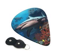 Submarine Shark Coral Guitar Picks 6 Pack with Leather Guitar Pick Holder Keychain, Plectrum Key Fob Cases Bag, Abstract Art Plectrum for Acoustic Electric Guitar, Ukulele 0.96mm
