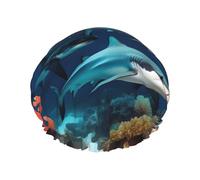 Submarine shark coral Printed shower cap, reusable, specially designed for women's long hair, double-layer structure, suitable for bathing.