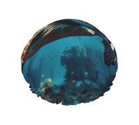 Submarine Turtle Under The Sea print Shower Cap for Women Double Layer Elastic Bath Cap for Home Spa Hotel and Hair Salon