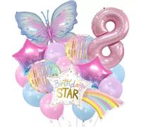 SUBOOCA 8th Birthday Decorations Balloons, Fun Foil Mylar Butterfly Themed Birthdday Party Banner Bunting, Baby Girls' Eight Years Old Birthday Party Supplies, Butterfly Party Garlands Props