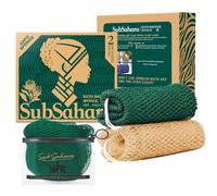 SubSahara Authentic African Net Sponge, 2 Pack 45-Inch Exfoliating Bath Sponge and Shower Loofah for Body and Back, Colorfast Quick-Dry Knotted Mesh Scrubber with Travel Pouch (Golden & Forest Green)