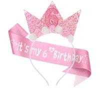 SUBTAVIK 6th Birthday Decorations, Girl Headband Flower Princess Crown Hairband Glitter Pink Birthday Girl Sash for Girls Party Decorations Gift
