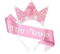 SUBTAVIK 7th Birthday Decorations, Girl Headband Flower Princess Crown Hairband Glitter Pink Birthday Girl Sash for Girls Party Decorations Gift