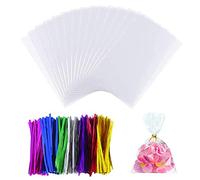 SUBTAVIK Cellophane Bags Pack of 50 with 50 Pcs Mix Colors Twist Ties, Clear Cellophane Bags Clear Sweet Bags Cellophane Gift Bags Clear Cookie Bags for Bakery Candy Packaging (6.7x4.7in)