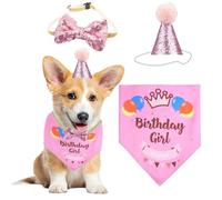 SUBTAVIK Dog Birthday Bandana & Hat Set, Pink, Cotton, Triangle, Party Wear, Medium, 25.98 inches, 2 Count, Pet Apparel, Accessories