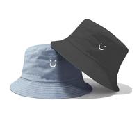 SUBTAVIK Kids Sun Hat - Smile Face Reversible Bucket Hat for Boys and Girls, Wide Brim, Double Sided Breathable for Toddlers 2-8 Years, Misty Blue/Black