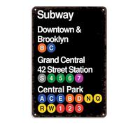 Subway New York Vintage Metal Tin Sign Poster Downtown & Brooklyn Grand Central 42 Street Station Central Park Wall Art For Bar Garage Room 16x12 Inch