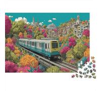 Subway Train on Elevated Tracks Jigsaw Puzzles. 1000pcs (75x50cm) Trees Houses Whimsical Challenge Toy for Educational Games Gifts