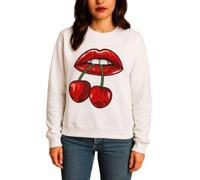 SUBZY Women's Cherry Lips Graphic Pullover Sweatshirt Casual Long Sleeves Streetwear For Ladies (UK, Numeric, 8, 14, Regular, Regular, White)