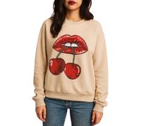 SUBZY Women's Cherry Lips Graphic Pullover Sweatshirt Casual Long Sleeves Streetwear For Ladies (UK, Numeric, 16, 22, Regular, Regular, Beige)