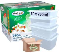 Sucasa Plastic Food Takeaway Heavy Duty Satco Plastic Containers with Lids 50x750ml | Durable Microwavable | Heavy Duty | Takeaway | Reusable & Disposable