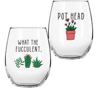 Succulent Cactus Gifts for Women - Set of 2 Funny Wine Glasses 15oz - Plant Lover Gift Mug - What the Fucculent - Pot Head Crazy - Plant Lady Wine Glass Tumbler - Custom Stemless Wine Glasses