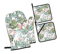 Succulent Flowers Fansmall Black and WhiteMushroom Oven Mitts and Pot Holders Sets of 4,NonSlip Heat Resistant Oven Gloves for Baking Cooking Grilling BBQ