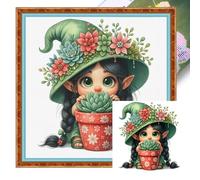 Succulent Gnome Stamped Cross Stitch Kits for Adults Beginners, 11CT Pre-Printed Embroidery Kit 40x40cm Full Coverage Cute Gnome Girl Needlepoint Arts and Crafts Kit Home Wall Decor