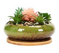 Succulent Plant Pot Bonsai Pots Ceramic Plant Pot 6.14x2.20in Bonsai with Tray Shallow Succulent Planters Round Glazed Ceramic Pots for Plants with Drainage