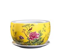 Succulent Plant Pots, Chinese Style Yellow Round Flower Pot, Ceramic Cactus Pots with Tray and Drainage Hole, Great for Home Office Decor