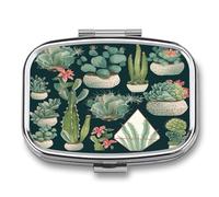 Succulent Plants and Cactus Pill Box 2 Compartment Small Square Pills Case Portable for Pocket Pill Organizer Travel Metal Pill Holder for Office Home Vitamin Medicine Fish Oil