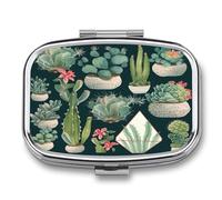 Succulent Plants and Cactus Pill Case Portable Medicine Organizer Compact Travel Pill Box Small Metal Medicine Box for Purse Pocket Pill Container Holder 2 Compartments Medication Holder