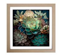 Succulent Stained Glass Effect Framed Print | 18x18 Inch Oak Framed Wall Art | Ready to Hang | Modern Nature Picture | Living Room Bedroom Lounge Office