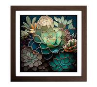 Succulent Stained Glass Effect Framed Print | 18x18 Inch Walnut Framed Wall Art | Ready to Hang | Modern Nature Picture | Living Room Bedroom Lounge Office