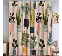 Succulents Pots Window Drapes, Elegant Natural Room Darkening Thermal Insulated Blackout Grommets Curtains, for Living, Dining, Bedroom, W 46.1" x L 53.9", 2 Panels, Pink Green