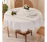 SUCHDECO Round Tablecloth 120cm - Cotton Linen Fabric Table Cloth with Tassel, Leaf Floral Embroidery Tablecloth Washable Table Cover Circular Tablecloths for Kitchen Dining Room Party, Beige&Green