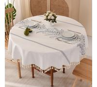 SUCHDECO Round Tablecloth 140cm - Cotton Linen Fabric Table Cloth with Tassel, Leaf Embroidery Tablecloth Washable Table Cover Circular Tablecloths for Kitchen Dining Room Birthday Party, Beige&Blue
