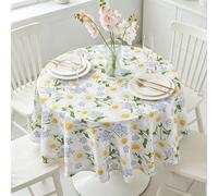 SUCHDECO Round Tablecloth 150cm Table Cloth Wipe Clean Table Cloths Waterproof Wipeable Floral Table Cover for Garden Table, Kitchen, Dining Room, Party, Coffee Table, White Daisy