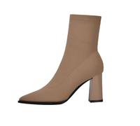 SUCHETA Knit Sock Boots Women Brown Low Boots Chunky Heel Pointed Toe High Heel Short Boots Stretch Hundred Fashion Boots