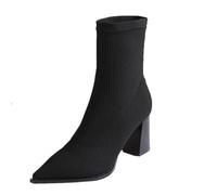 SUCHETA Knit Sock Boots Women Brown Low Boots Chunky Heel Pointed Toe High Heel Short Boots Stretch Hundred Fashion Boots