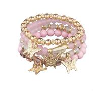 Suchkeit 4PCS Set Bohemian Butterfly Crystal Stone Stretch Pendant Bracelets For Women, Colorful Beaded Charm Bracelets,Cute Kids Bracelets for Teen Girls Gold Jewelry Set#pink