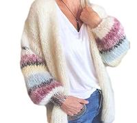 SUCHUANGUANG Women Mohair Knitted Cardigan Candy Color Striped Lantern Sleeve Sweater Coat BE Acrylic Fiber