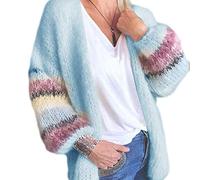 SUCHUANGUANG Women Mohair Knitted Cardigan Candy Color Striped Lantern Sleeve Sweater Coat LB Acrylic Fiber