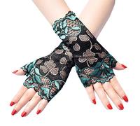 SUCHUANGUANG Women Thin Sunscreen Fingerless Gloves Hollow Floral Lace Contrast Color Dance Party Driving Mittens Green