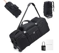 SUCIKORIO Tactical Travel Duffle Bag with Wheels and Handle 3 in 1 Large 85L XL Rolling Travelling Backpack Waterproof Oxford Carry On Hand Luggage Deployment Bags with Combination Padlock, Black