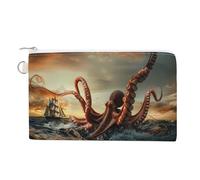 Suckers on The Day Octopus and Sailors Ship Coin Purse Fashion Canvas Pouch Portable Wallet Makeup Bag for Men Women