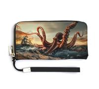 Suckers on The Day Octopus and Sailors Ship Leather Wallet Fashion Purse Long Pouch with Wrist Strap for Men Women