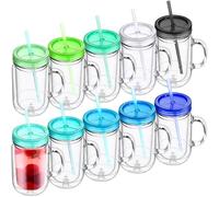 Suclain 10 Pack Plastic Mason Jars with Handles, Lids and Straws Mouth Mason Jar Mugs 20 oz Double Insulated Tumbler with Straw Large Clear Plastic Mug for Adults(Fresh Color)