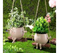 Suclain 2 Pieces Swing Planter Pot with Face Design, 5.5 x 4.3 x 3.2 Inches Resin Flower Pot with Long Leg Decorative Hanging Planter with Head for Indoor Wall Succulent Outdoor Mother Teacher Gift